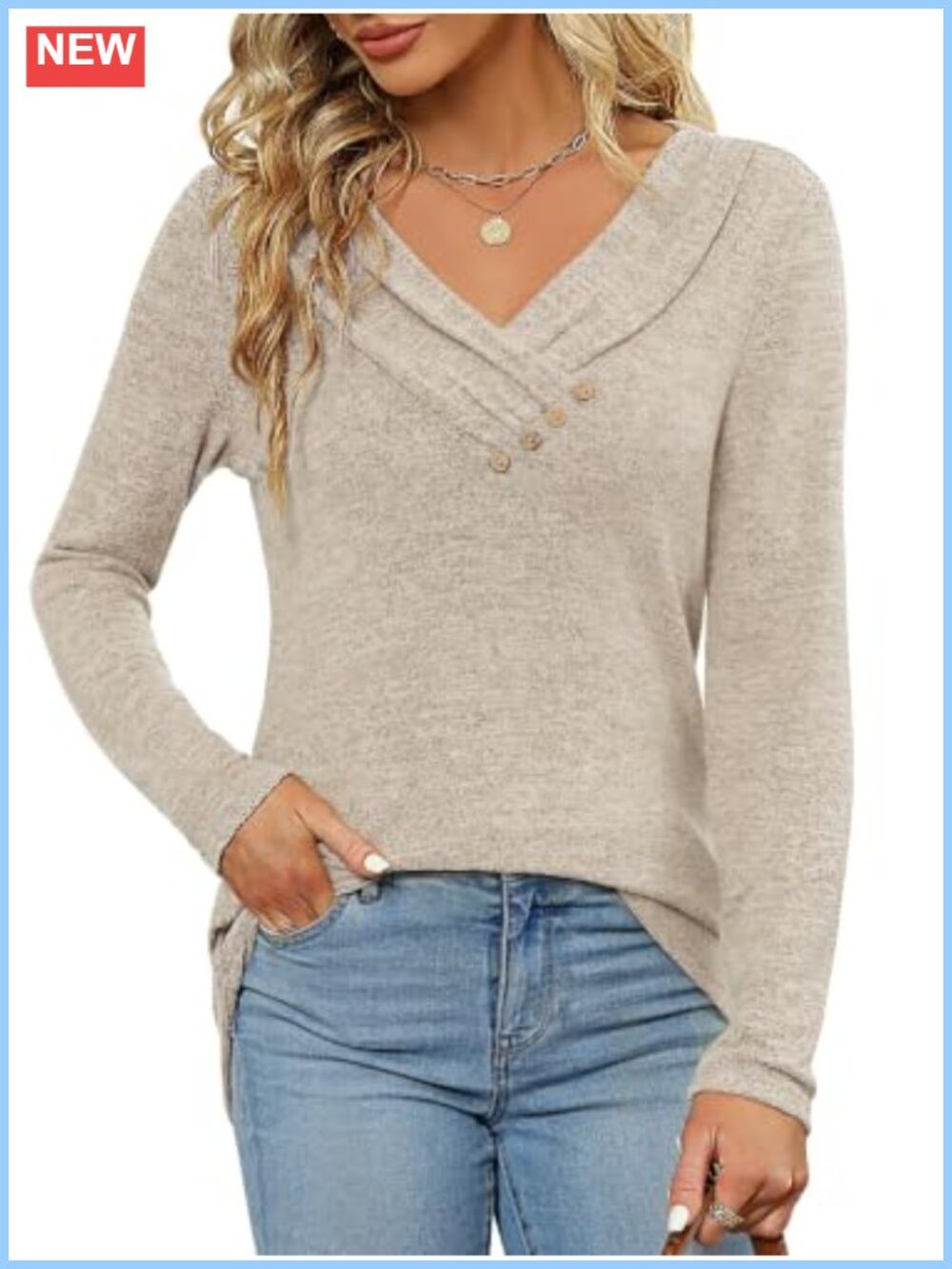 Women's Long Sleeve Tunic Top V Neck Button Casual Shirt for Leggings